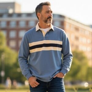 L.L.Bean Men's LG-Tall Blue Striped Long Sleeve Rugby Polo Shirt 100% Cotton